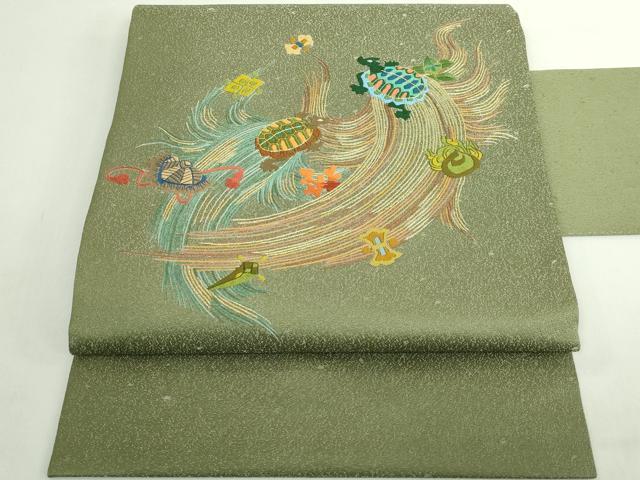 平和屋着物●極上　中国三大刺繍　相良刺繍　総手刺繍　九寸名古屋帯　蓑亀　金糸　逸品　DZAB5036kh6 平和屋着物○極上 中国三大刺繍 相良刺繍 総手刺繍 九寸