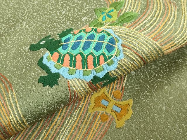 平和屋着物●極上　中国三大刺繍　相良刺繍　総手刺繍　九寸名古屋帯　蓑亀　金糸　逸品　DZAB5036kh6 平和屋着物○極上 中国三大刺繍 相良刺繍 総手刺繍 九寸