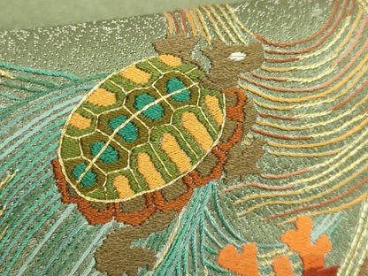 平和屋着物●極上　中国三大刺繍　相良刺繍　総手刺繍　九寸名古屋帯　蓑亀　金糸　逸品　DZAB5036kh6