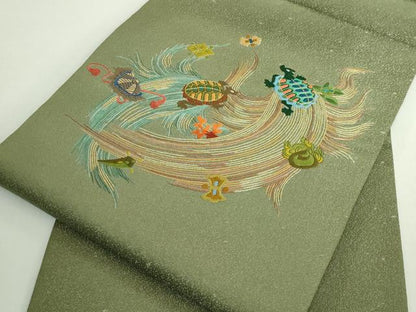 平和屋着物●極上　中国三大刺繍　相良刺繍　総手刺繍　九寸名古屋帯　蓑亀　金糸　逸品　DZAB5036kh6