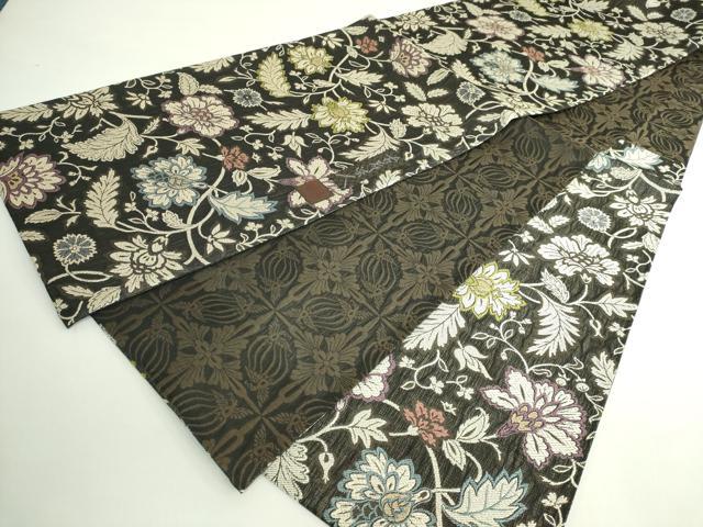 平和屋着物●極上　山岡古都・古都染人　染織美術品　薬墨染　両面　六通柄袋帯　スリーシーズン帯　更紗花文　鳥襷　逸品　DZAB5040kh6