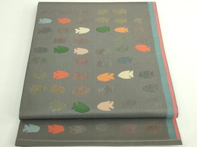 平和屋着物●極上　洛風林　工芸帯地　太鼓柄袋帯　魚　ストーングレイ色地　逸品　DZAB5043kh6