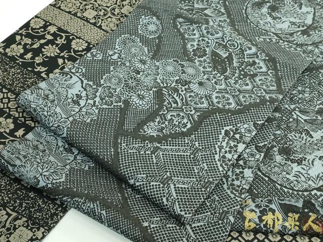 平和屋着物●極上　初代 染人・山岡古都　首里琉染　両面　全通柄袋帯　花蝶文　唐草文　黒地　逸品　DZAB5048kh6