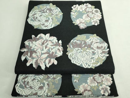 平和屋着物●極上　六通柄袋帯　唐織　花丸文　黒地　金糸　逸品　DZAB5054kh6