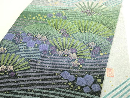 平和屋着物●極上　十日町　名門　滝泰謹製　太鼓柄袋帯　相良刺繍　襲絞り　おぼろ染め　花松文　銀通し地　逸品　DZAB5071kh6