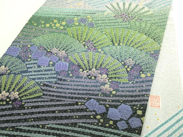 平和屋着物●極上　十日町　名門　滝泰謹製　太鼓柄袋帯　相良刺繍　襲絞り　おぼろ染め　花松文　銀通し地　逸品　DZAB5071kh6