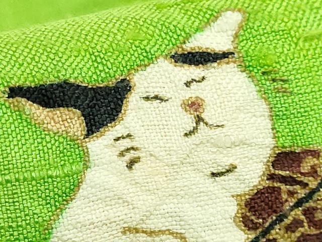 平和屋着物●極上　九寸名古屋帯　紬地　絞り　ネコ　楽器　黄緑色地　金彩　逸品　DZAB5076kh6
