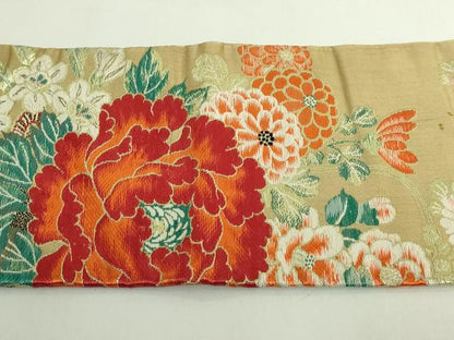 平和屋着物●極上　アンティーク　大正ロマン　西陣　九寸名古屋帯　唐織　美やび　陶器花文　オウム　金糸　逸品　DZAB5079kh6