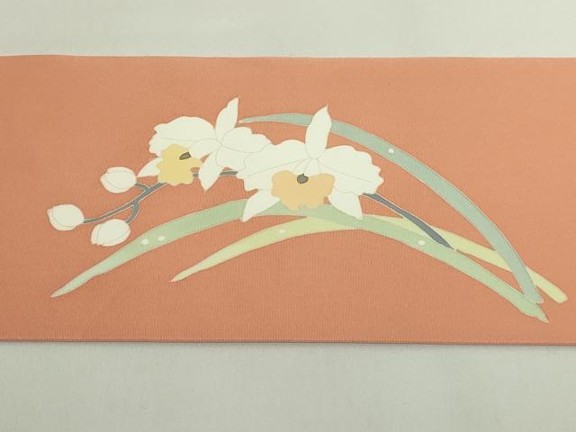 平和屋着物●極上　塩瀬　九寸名古屋帯　カトレア　ときがら茶色地　金彩　逸品　DZAB5081kh6