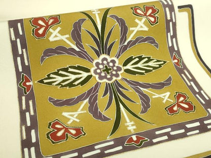 平和屋着物●極上　塩瀬　九寸名古屋帯　駒刺繍　草花文　金彩　逸品　DZAB5082kh6