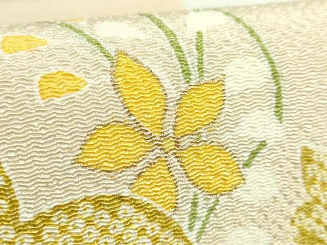 平和屋本店●極上　工芸キモノ野口　九寸開き名古屋帯　葵　砂色地　金彩　鬼しぼ縮緬　逸品　DZAB5086kh6