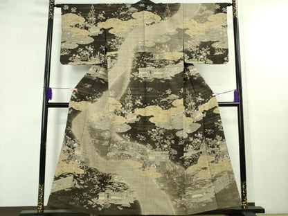 平和屋本店●極上　染織の名門　しょうざん  生紬　訪問着　渡橋風景花文　反端付き　逸品　DZAB5107kh6