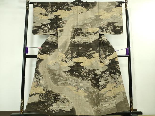 平和屋本店●極上　染織の名門　しょうざん  生紬　訪問着　渡橋風景花文　反端付き　逸品　DZAB5107kh6