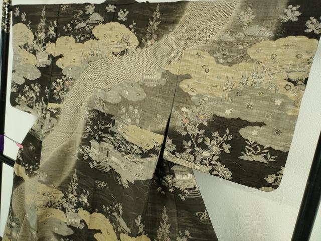 平和屋本店●極上　染織の名門　しょうざん  生紬　訪問着　渡橋風景花文　反端付き　逸品　DZAB5107kh6