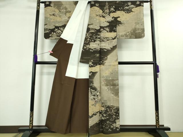 平和屋本店●極上　染織の名門　しょうざん  生紬　訪問着　渡橋風景花文　反端付き　逸品　DZAB5107kh6