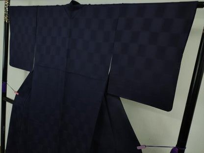 平和屋着物●極上　藍造り国選定無形文化財　藍師・佐藤昭人　阿波本藍染　色無地　市松地紋　認定証付き　逸品　DZAB5114kh6