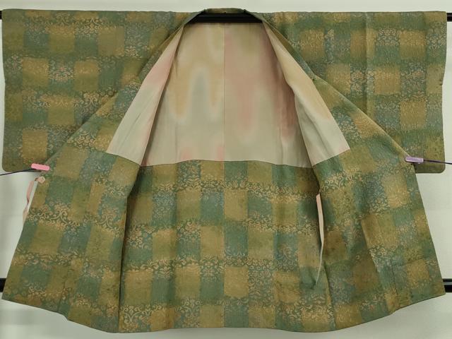 平和屋着物∞極上　道行コート　ロング丈　ふくれ織　市松　向かい鳥花唐草文　逸品　DZAB5121kh6