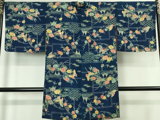 平和屋着物∞極上　長羽織　型染　舞蝶花文　留紺色地　鬼しぼ縮緬　逸品　未使用　DZAB5131kh6