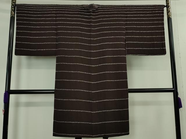 平和屋着物∞極上　長羽織　絞り　横縞　黒紅色地　逸品　DZAB5143kh6