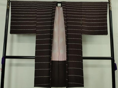 平和屋着物∞極上　長羽織　絞り　横縞　黒紅色地　逸品　DZAB5143kh6