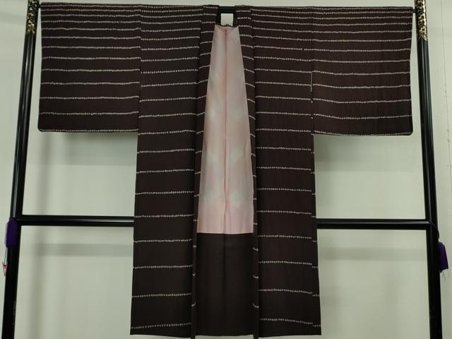 平和屋着物∞極上　長羽織　絞り　横縞　黒紅色地　逸品　DZAB5143kh6