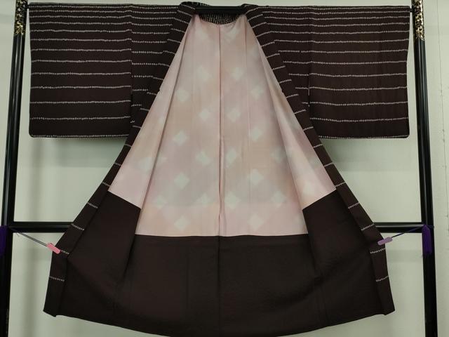 平和屋着物∞極上　長羽織　絞り　横縞　黒紅色地　逸品　DZAB5143kh6