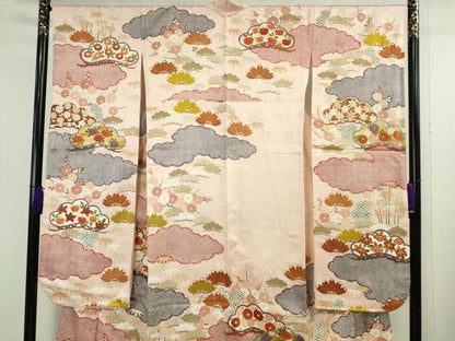 平和屋本店●極上　振袖・長襦袢(無双仕立て)セット　駒刺繍　雲取り松花文　金彩　逸品　DZAB5151kh6