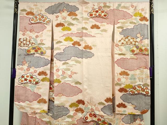 平和屋本店●極上　振袖・長襦袢(無双仕立て)セット　駒刺繍　雲取り松花文　金彩　逸品　DZAB5151kh6