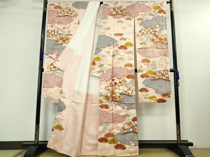 平和屋本店●極上　振袖・長襦袢(無双仕立て)セット　駒刺繍　雲取り松花文　金彩　逸品　DZAB5151kh6