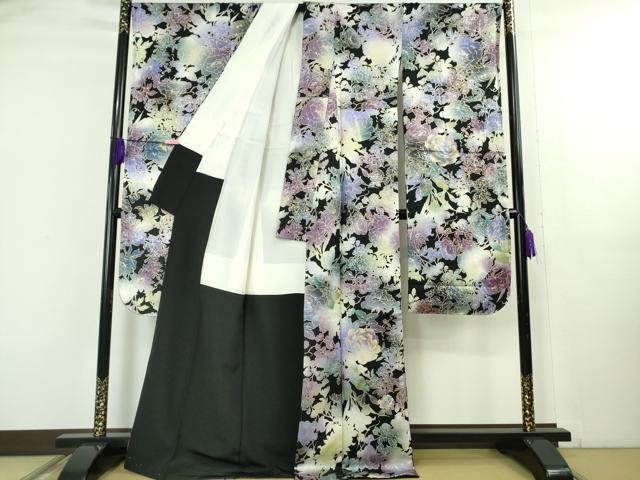 平和屋本店●極上　振袖・袋帯セット　牡丹　百合　草花　黒地　金彩　銀通し地　逸品　未使用　DZAB5152kh6
