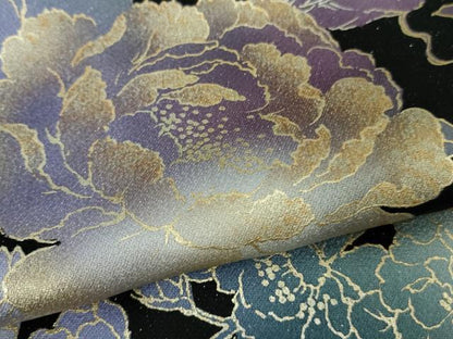 平和屋本店●極上　振袖・袋帯セット　牡丹　百合　草花　黒地　金彩　銀通し地　逸品　未使用　DZAB5152kh6