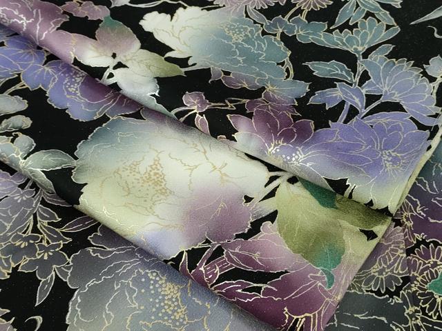 平和屋本店●極上　振袖・袋帯セット　牡丹　百合　草花　黒地　金彩　銀通し地　逸品　未使用　DZAB5152kh6