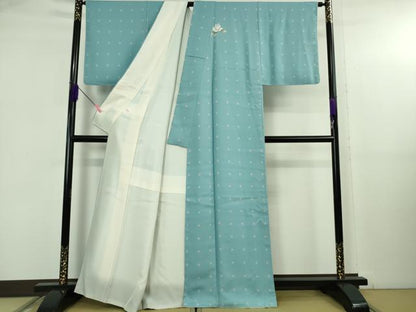 平和屋着物●極上　付下げ小紋　薔薇　菱文　勿忘草色地　反端付き　逸品　未使用　DZAB5156kh6