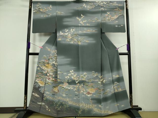 平和屋着物●極上　訪問着　友禅　吉祥花風景　藍墨茶色地　暈し染め　逸品　DZAB5159kh6