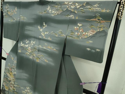 平和屋着物●極上　訪問着　友禅　吉祥花風景　藍墨茶色地　暈し染め　逸品　DZAB5159kh6