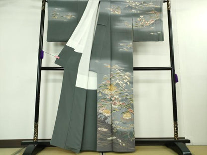 平和屋着物●極上　訪問着　友禅　吉祥花風景　藍墨茶色地　暈し染め　逸品　DZAB5159kh6