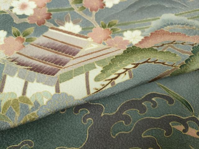 平和屋着物●極上　訪問着　友禅　吉祥花風景　藍墨茶色地　暈し染め　逸品　DZAB5159kh6