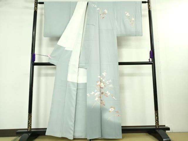 平和屋着物●極上　京加賀友禅　百貫達雄　訪問着　草花文　パウダーブルー色地　暈し染め　逸品　DZAB5163kh6