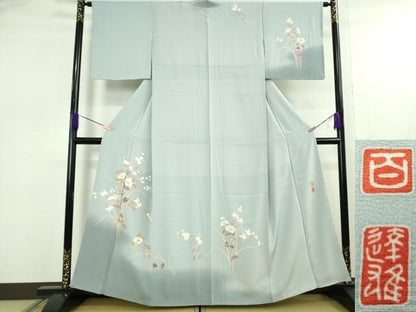 平和屋着物●極上　京加賀友禅　百貫達雄　訪問着　草花文　パウダーブルー色地　暈し染め　逸品　DZAB5163kh6
