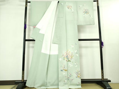 平和屋着物●極上　訪問着　友禅　草花文　柳鼠色地　暈し染め　逸品　DZAB5165kh6