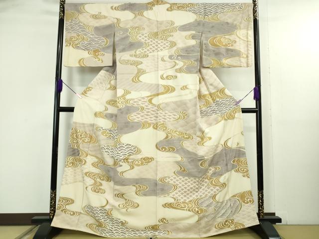平和屋本店●極上　中国三大刺繍　スワトウ刺繍　汕頭刺繍　訪問着　流水文　鳥の子色地　金彩　逸品　DZAB5169kh6