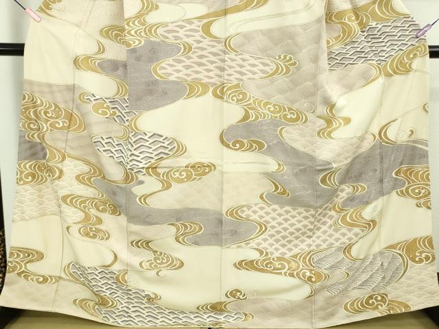 平和屋本店●極上　中国三大刺繍　スワトウ刺繍　汕頭刺繍　訪問着　流水文　鳥の子色地　金彩　逸品　DZAB5169kh6