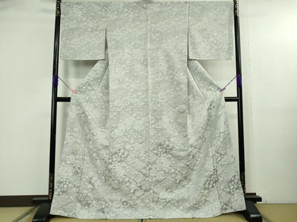 平和屋着物●極上　山岡古都・古都染人　染織美術品　薬墨染　天目織　お召　吉祥花松文　反端付き　逸品　未使用　DZAB5174kh6