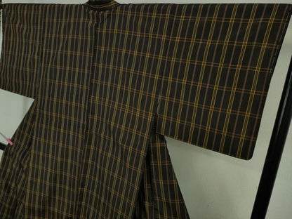 平和屋本店●極上　本場黄八丈　黒八丈　紬　平織　格子　逸品　未使用　DZAB5185kh6