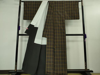 平和屋本店●極上　本場黄八丈　黒八丈　紬　平織　格子　逸品　未使用　DZAB5185kh6