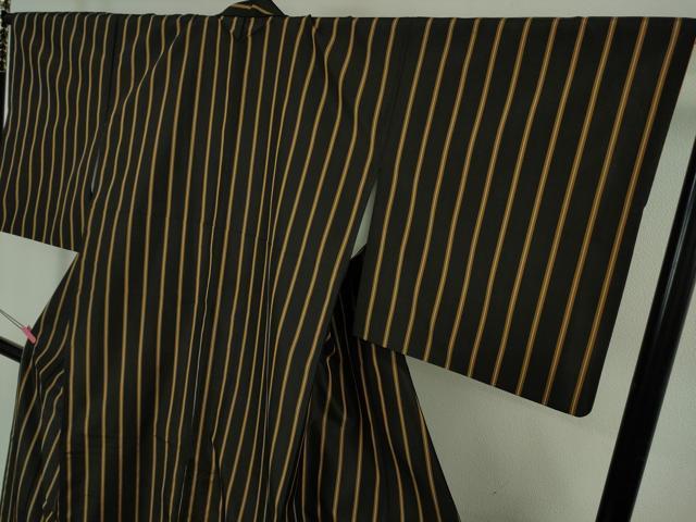 平和屋本店●極上　本場黄八丈　黒八丈　紬　平織　縞　逸品　DZAB5186kh6