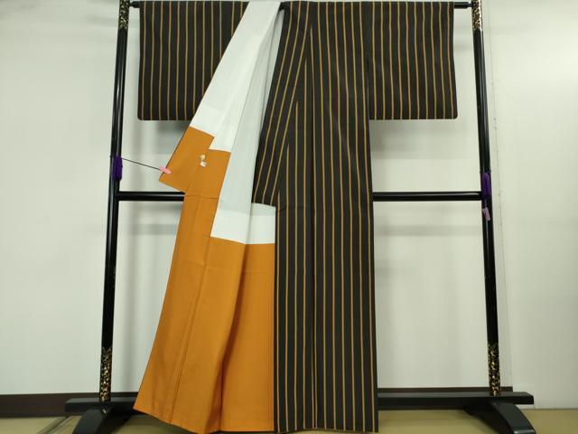 平和屋本店●極上　本場黄八丈　黒八丈　紬　平織　縞　逸品　DZAB5186kh6