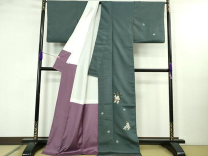平和屋本店●極上　訪問着　お召地　鬼　雷様　濃い熨斗目花色地　ロング丈　逸品　DZAB5189kh6
