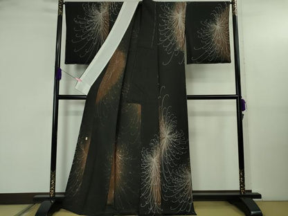 平和屋本店▽極上 東京友禅 佐藤光幸 小紋 単衣 乱菊 黒地 逸品 未使用 DZAB5191kh6