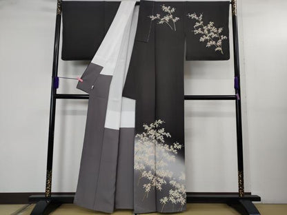 平和屋本店●極上　名門染元　秀美　十日町友禅　訪問着　枝花文　紫黒色地　暈し染め　逸品　未使用　DZAB5192kh6